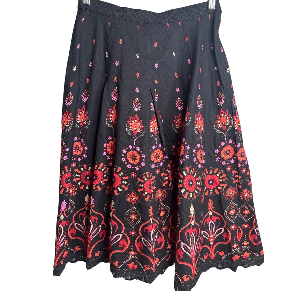 NAF NAF Paris Womens Midi Skirt Size 4 100%‎ Cotton Black Red Floral Boho Gypsy
